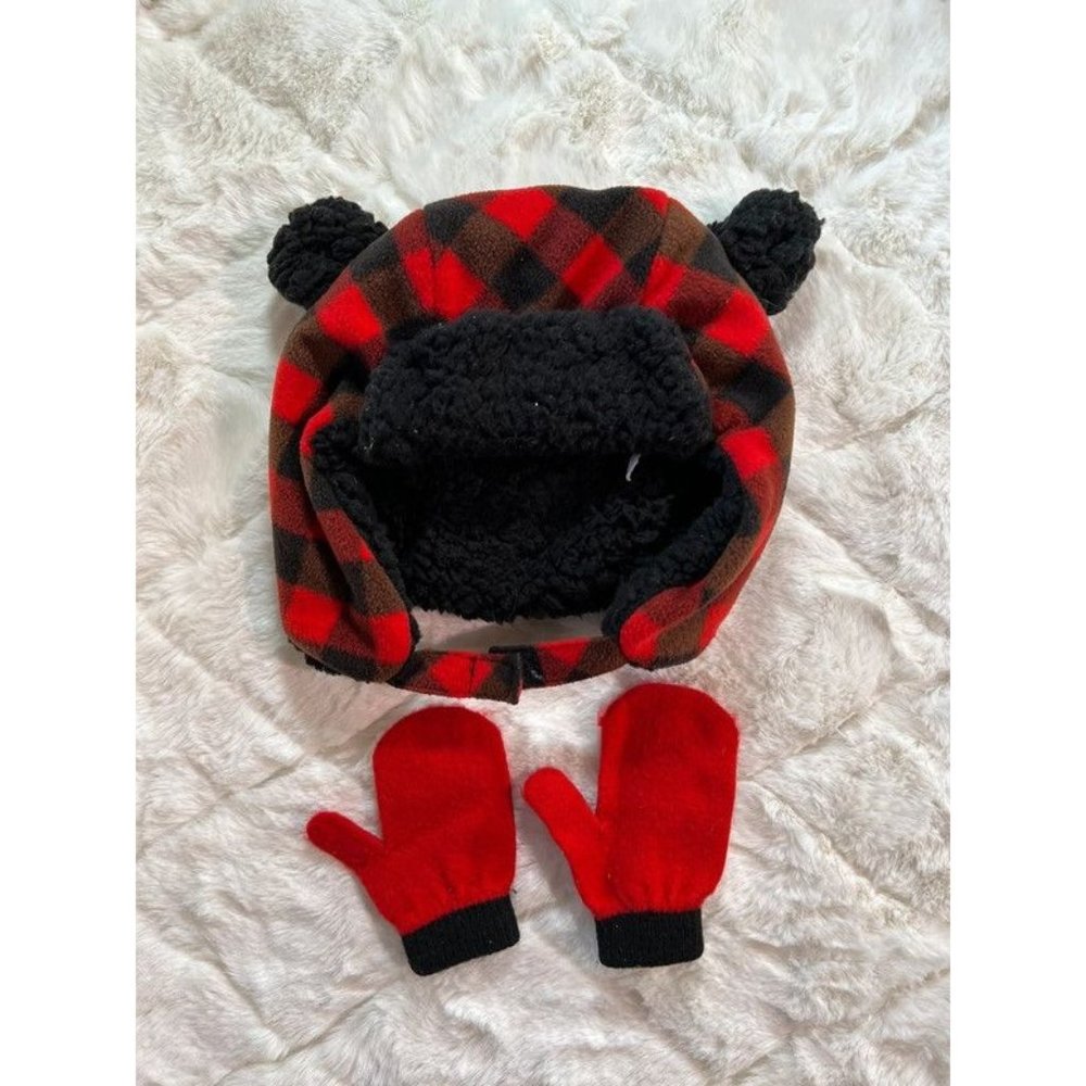 Toddler Boys Buffalo Plaid Trapper Hat & Mittens Set Size 2-4T Red Black